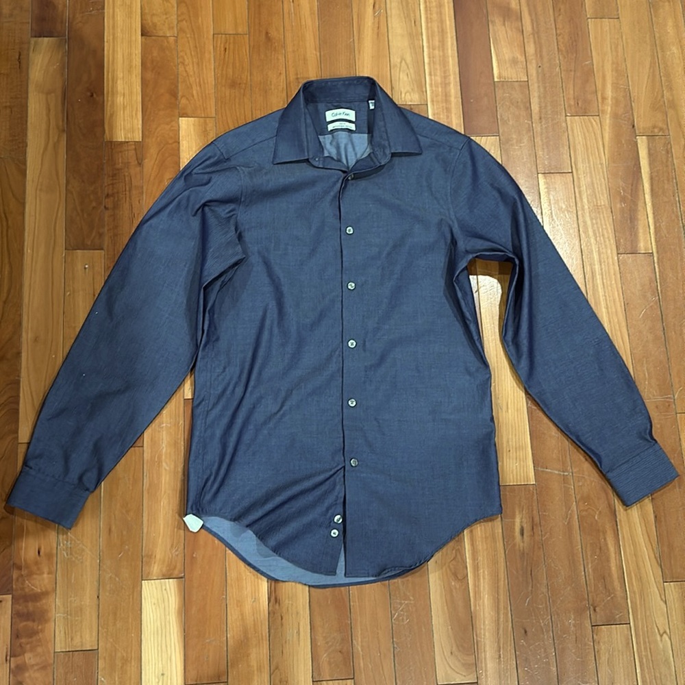 Calvin Klein Blue/Gray Herringbone Men’s Button-Down Dress Shirt Size 14.5 32/33